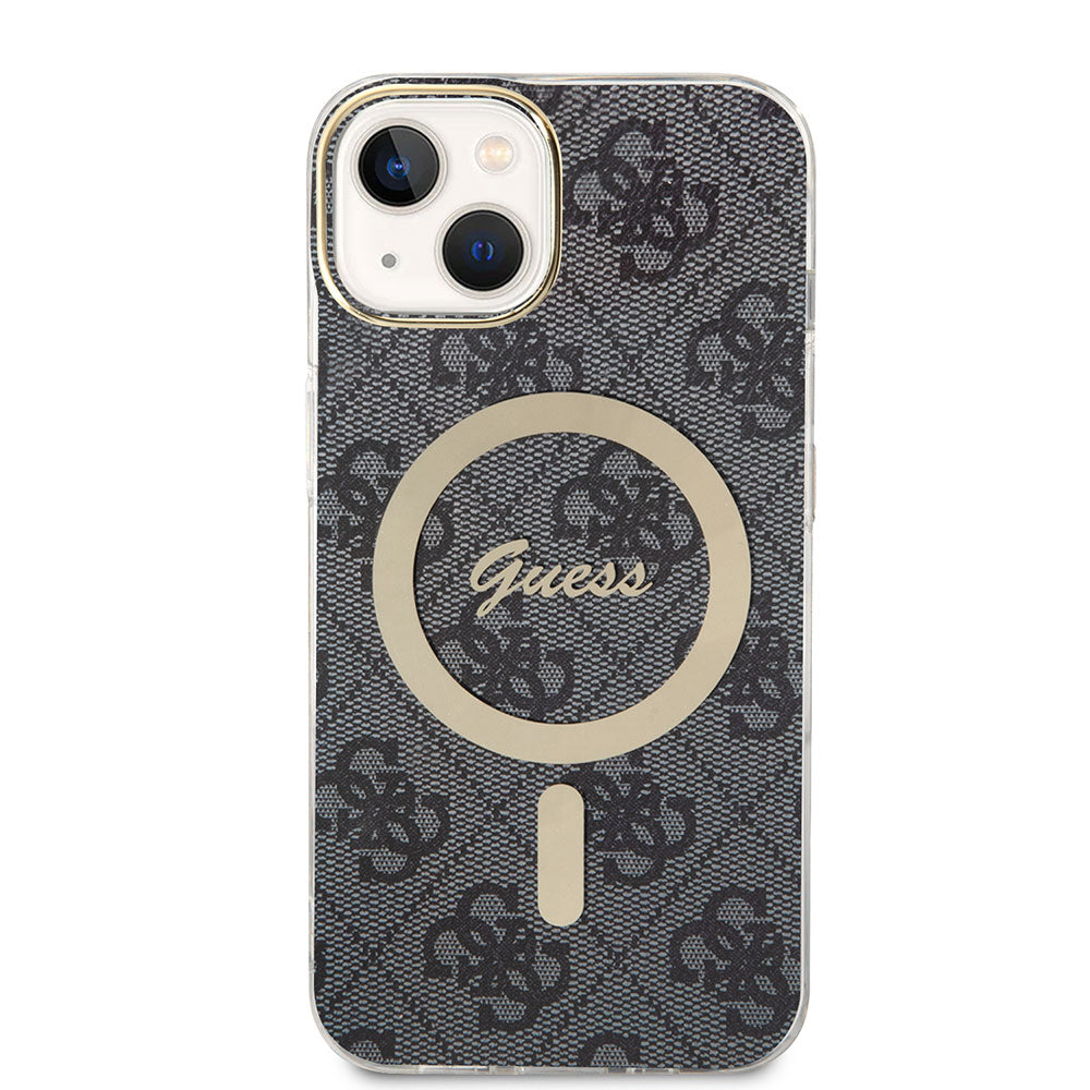 Apple iPhone 13/15 Kılıf Guess Magsafe Şarj Özellikli Yazı Logolu 4G Desenli Kapak Siyah