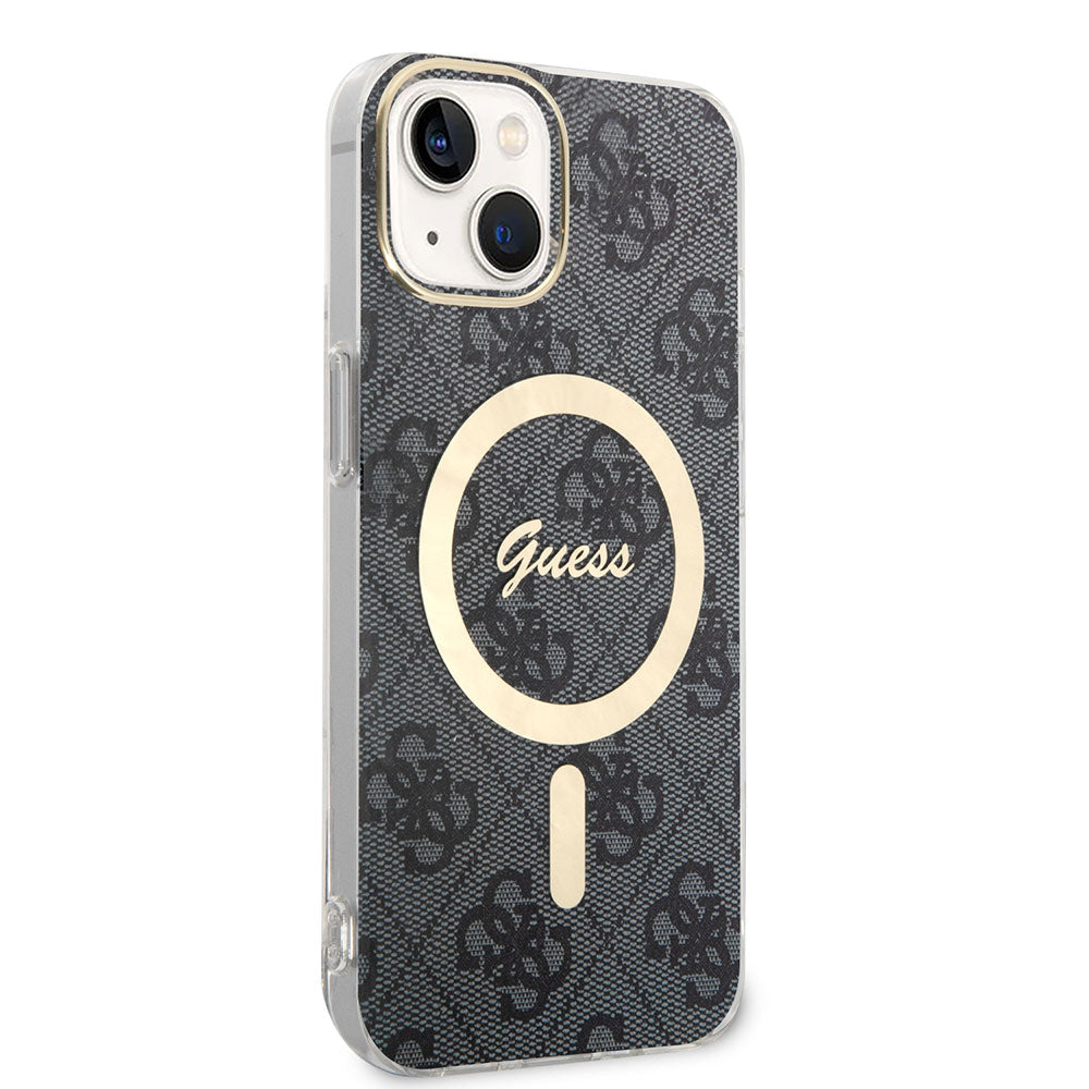 Apple iPhone 13/15 Kılıf Guess Magsafe Şarj Özellikli Yazı Logolu 4G Desenli Kapak Siyah