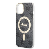 Apple iPhone 15 Kılıf Guess Magsafe Şarj Özellikli Yazı Logolu 4G Desenli Kapak Siyah