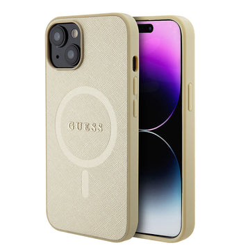 Apple iPhone 13/15 Kılıf Guess Magsafe Şarj Özellikli Yazı Logolu Saffiano Kapak Gold