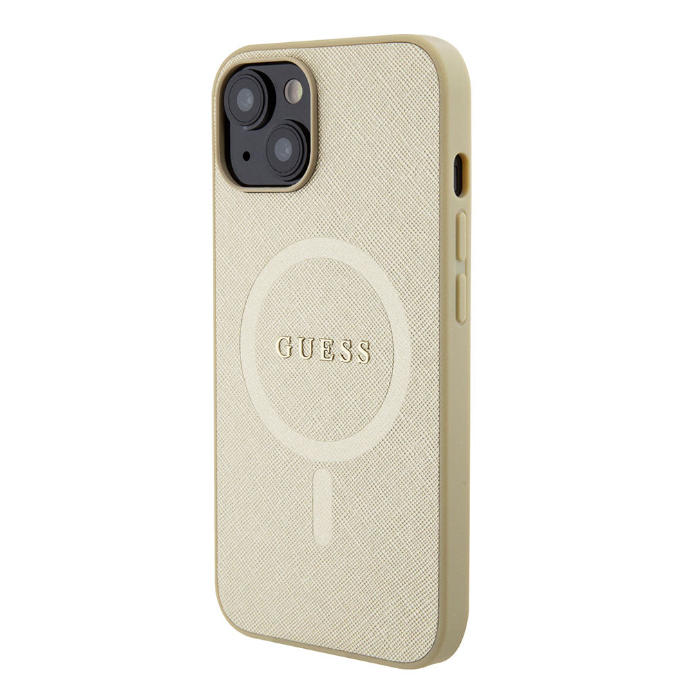 Apple iPhone 13/15 Kılıf Guess Magsafe Şarj Özellikli Yazı Logolu Saffiano Kapak Gold