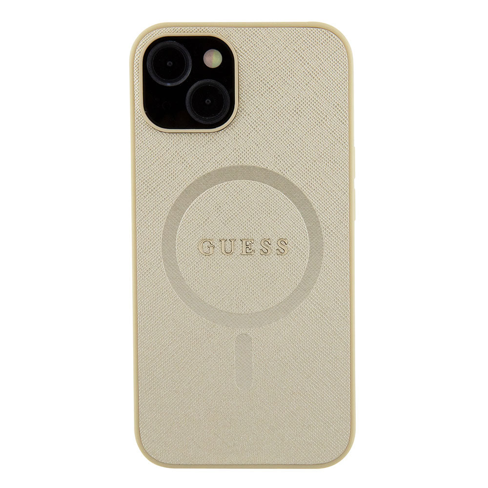 Apple iPhone 13/15 Kılıf Guess Magsafe Şarj Özellikli Yazı Logolu Saffiano Kapak Gold