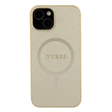 Apple iPhone 15 Kılıf Guess Magsafe Şarj Özellikli Yazı Logolu Saffiano Kapak Gold