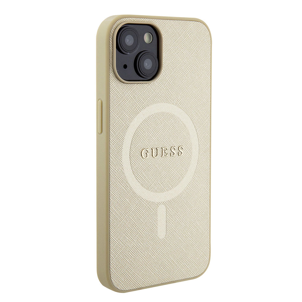 Apple iPhone 13/15 Kılıf Guess Magsafe Şarj Özellikli Yazı Logolu Saffiano Kapak Gold