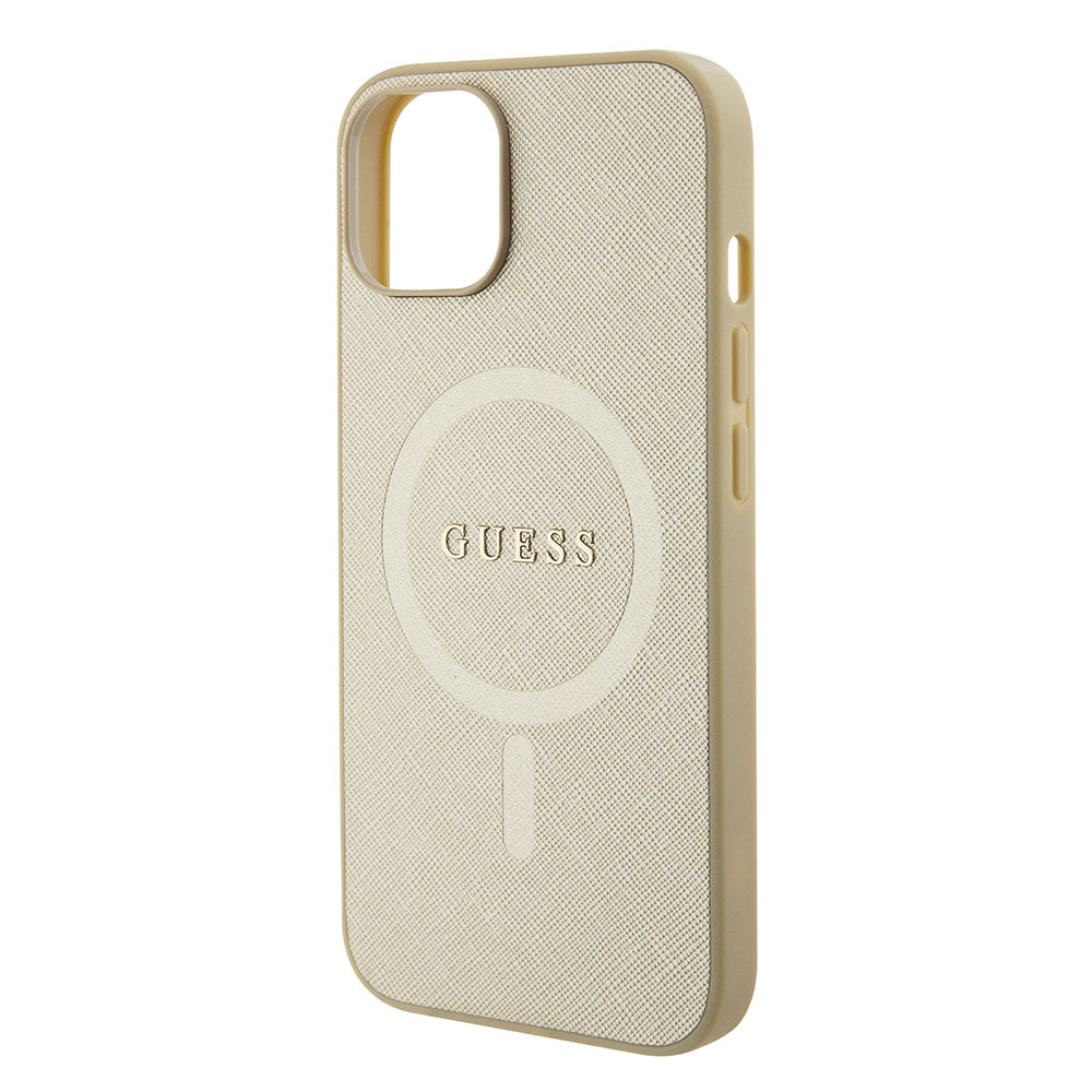 Apple iPhone 13/15 Kılıf Guess Magsafe Şarj Özellikli Yazı Logolu Saffiano Kapak Gold