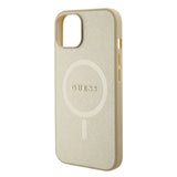 Apple iPhone 15 Kılıf Guess Magsafe Şarj Özellikli Yazı Logolu Saffiano Kapak Gold