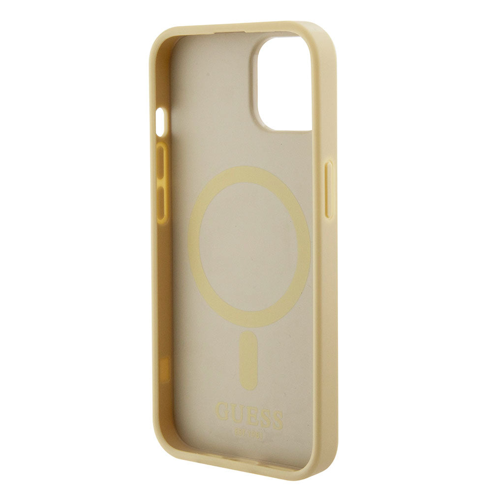Apple iPhone 13/15 Kılıf Guess Magsafe Şarj Özellikli Yazı Logolu Saffiano Kapak Gold