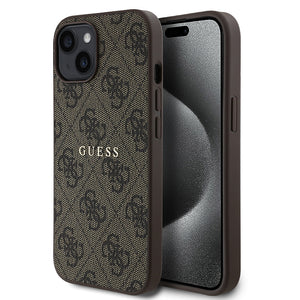 Apple iPhone 15 Kılıf Guess Magsafe Uyumlu 4G Desen Yazı Logolu Kapak Kahverengi