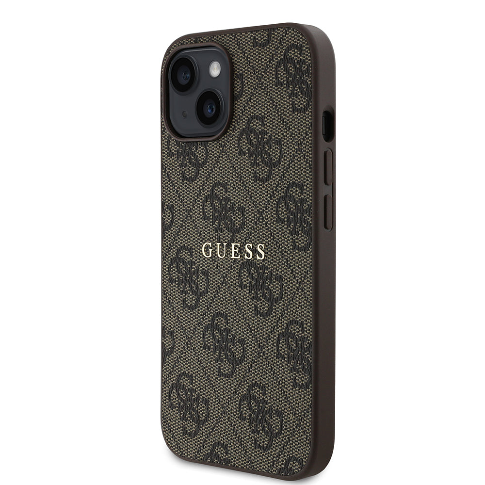 Apple iPhone 13/15 Kılıf Guess Magsafe Uyumlu 4G Desen Yazı Logolu Kapak Kahverengi