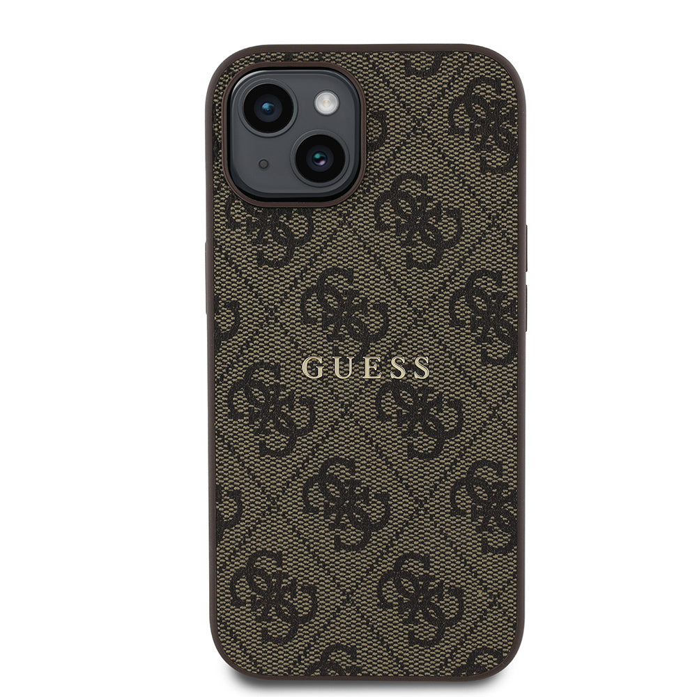 Apple iPhone 13/15 Kılıf Guess Magsafe Uyumlu 4G Desen Yazı Logolu Kapak Kahverengi