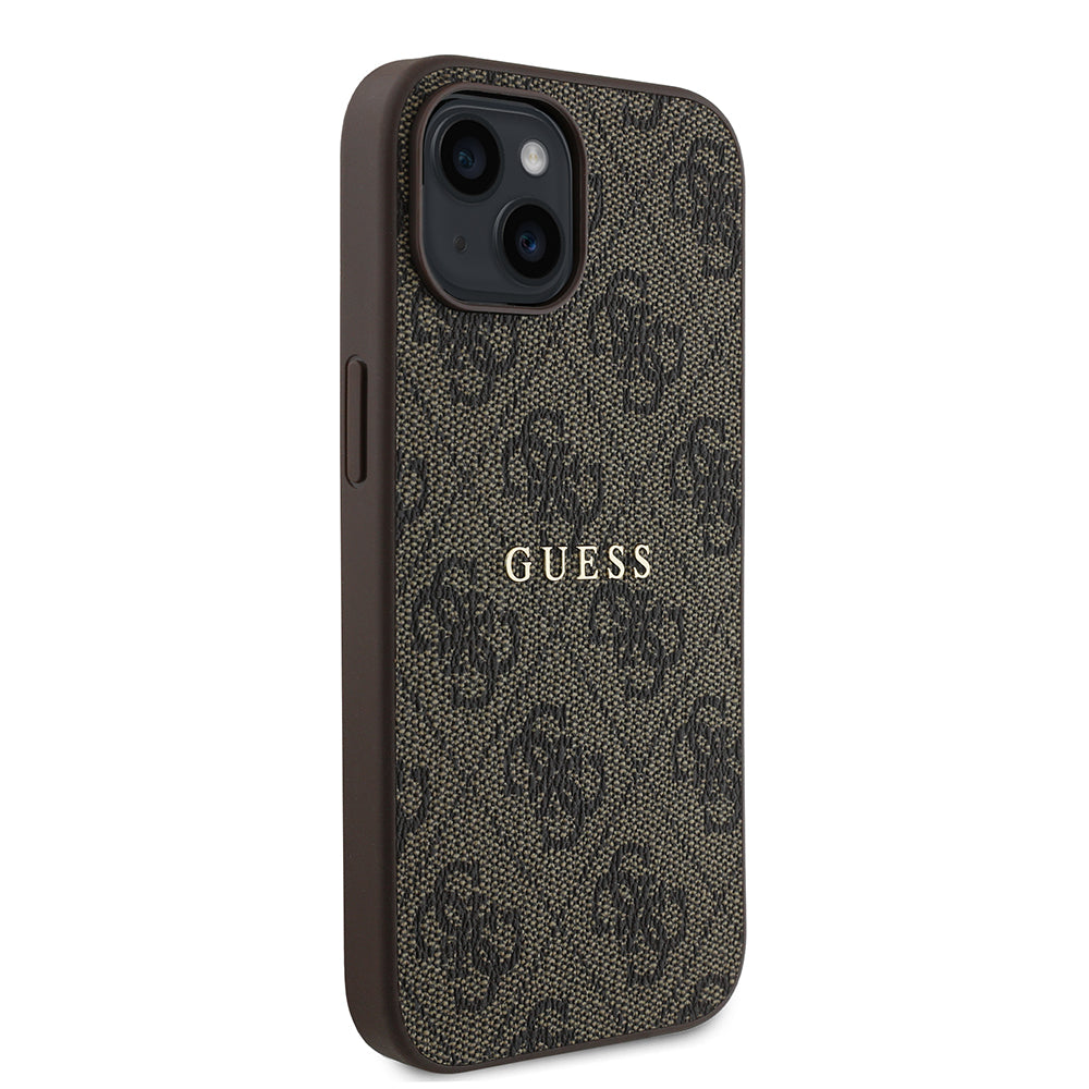 Apple iPhone 13/15 Kılıf Guess Magsafe Uyumlu 4G Desen Yazı Logolu Kapak Kahverengi