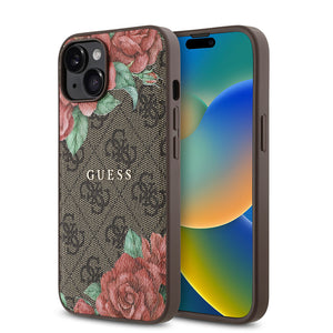 Apple iPhone 15 Kılıf Guess Magsafe Uyumlu Gül Baskılı ve 4G Desenli Kapak Kahverengi