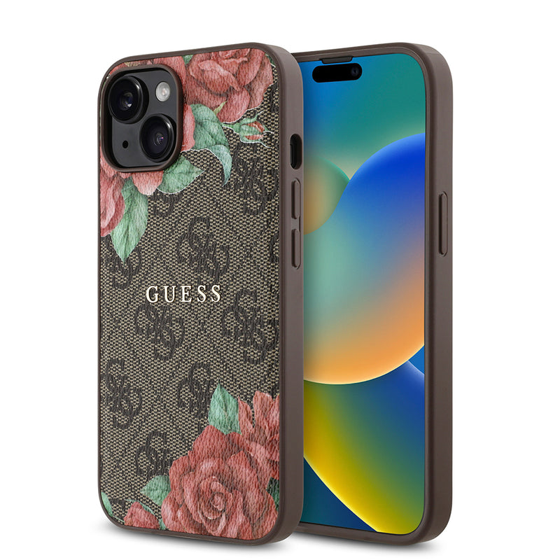 Apple iPhone 15 Kılıf Guess Magsafe Uyumlu Gül Baskılı ve 4G Desenli Kapak Kahverengi