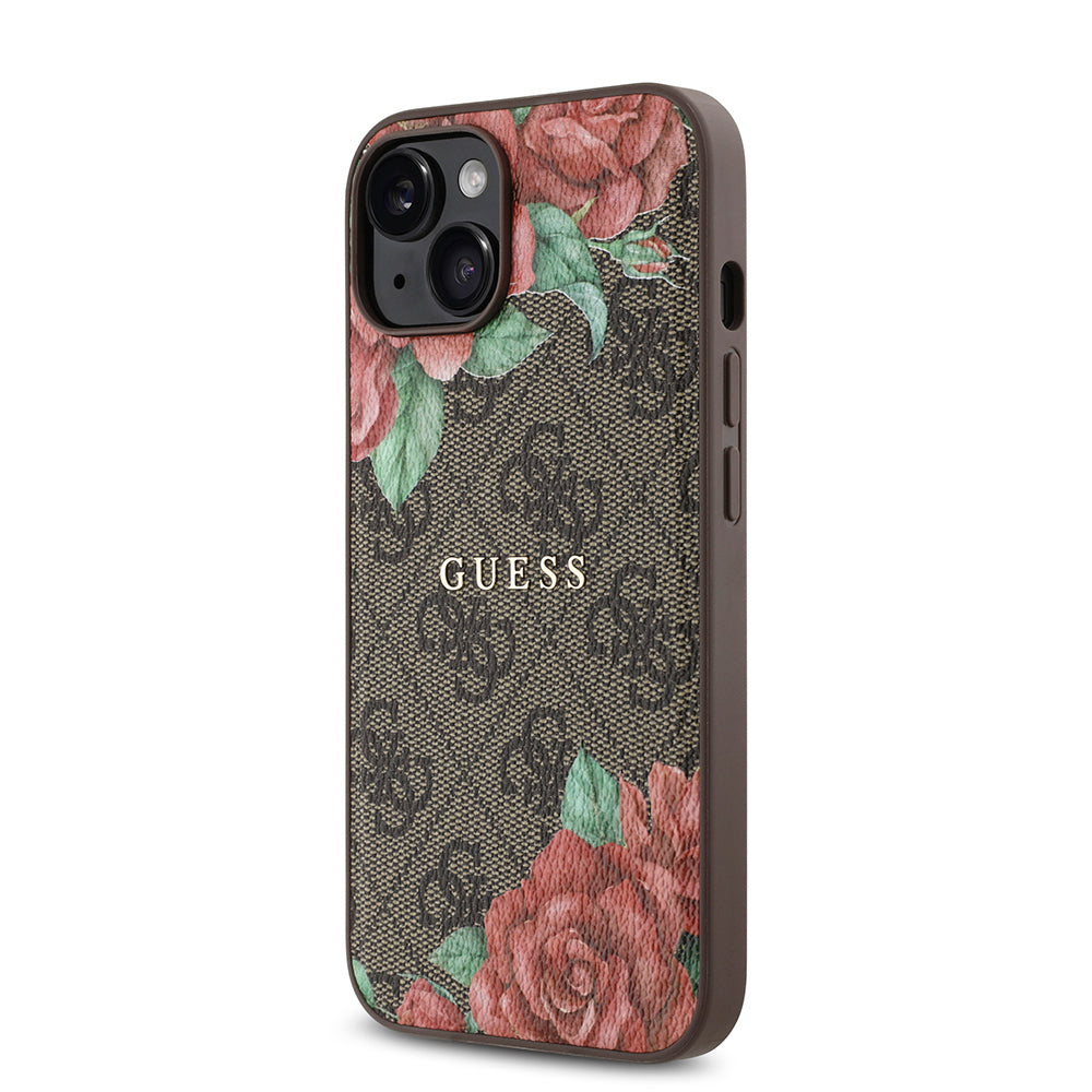Apple iPhone 14 Kılıf Guess Magsafe Uyumlu Gül Baskılı ve 4G Desenli Kapak Kahverengi