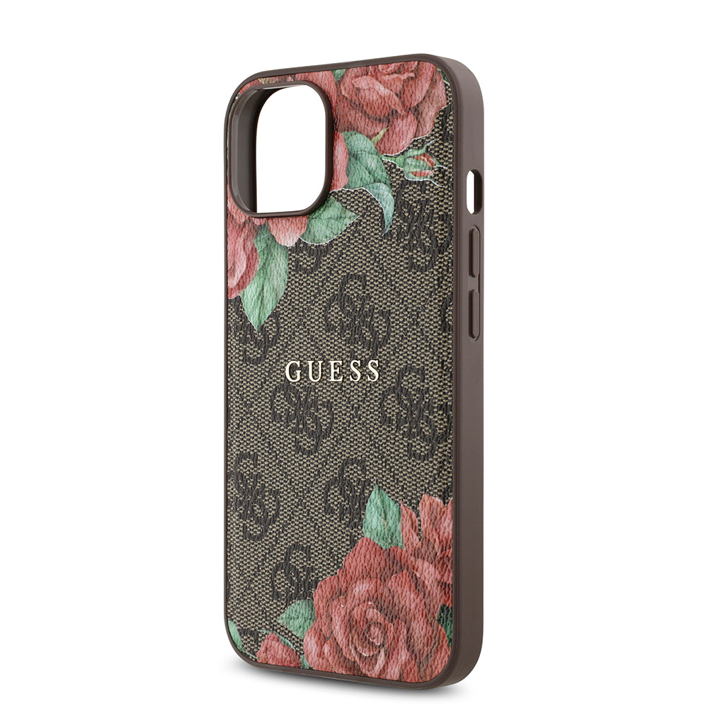 Apple iPhone 14 Kılıf Guess Magsafe Uyumlu Gül Baskılı ve 4G Desenli Kapak Kahverengi