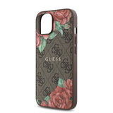 Apple iPhone 15 Kılıf Guess Magsafe Uyumlu Gül Baskılı ve 4G Desenli Kapak Kahverengi