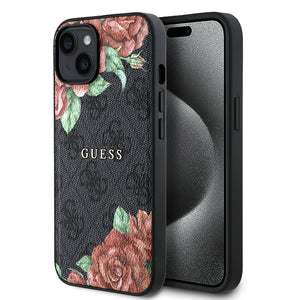 Apple iPhone 15 Kılıf Guess Magsafe Uyumlu Gül Baskılı ve 4G Desenli Kapak Siyah
