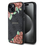 Apple iPhone 15 Kılıf Guess Magsafe Uyumlu Gül Baskılı ve 4G Desenli Kapak Siyah