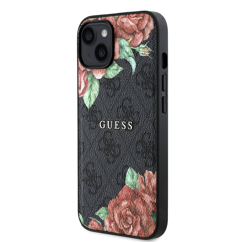 Apple iPhone 14 Kılıf Guess Magsafe Uyumlu Gül Baskılı ve 4G Desenli Kapak Siyah