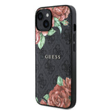 Apple iPhone 15 Kılıf Guess Magsafe Uyumlu Gül Baskılı ve 4G Desenli Kapak Siyah