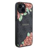 Apple iPhone 15 Kılıf Guess Magsafe Uyumlu Gül Baskılı ve 4G Desenli Kapak Siyah