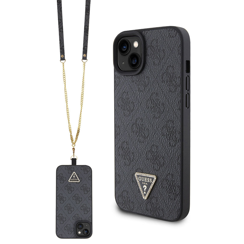Apple iPhone 13/15 Kılıf Guess PU Deri Askılı Strass Crossbody Kapak Siyah