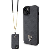 Apple iPhone 15 Kılıf Guess PU Deri Askılı Strass Crossbody Kapak Siyah