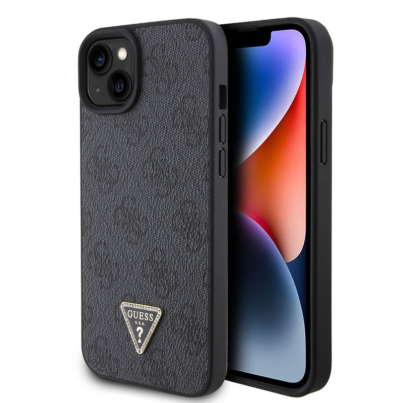 Apple iPhone 15 Kılıf Guess PU Deri Taşlı Üçgen Logolu 4G Desenli Strass Kapak Siyah