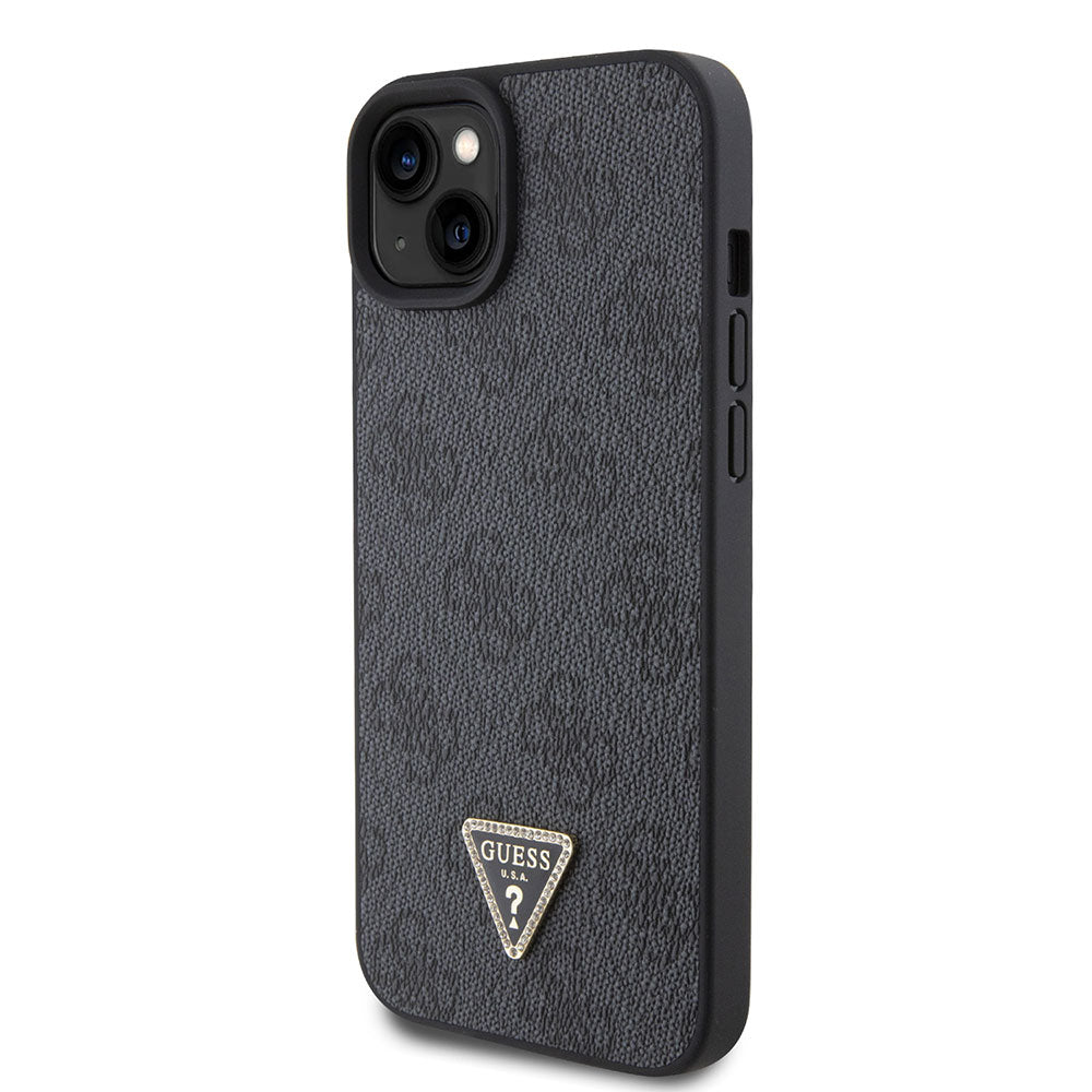 Apple iPhone 13/15 Kılıf Guess PU Deri Taşlı Üçgen Logolu 4G Desenli Strass Kapak Siyah