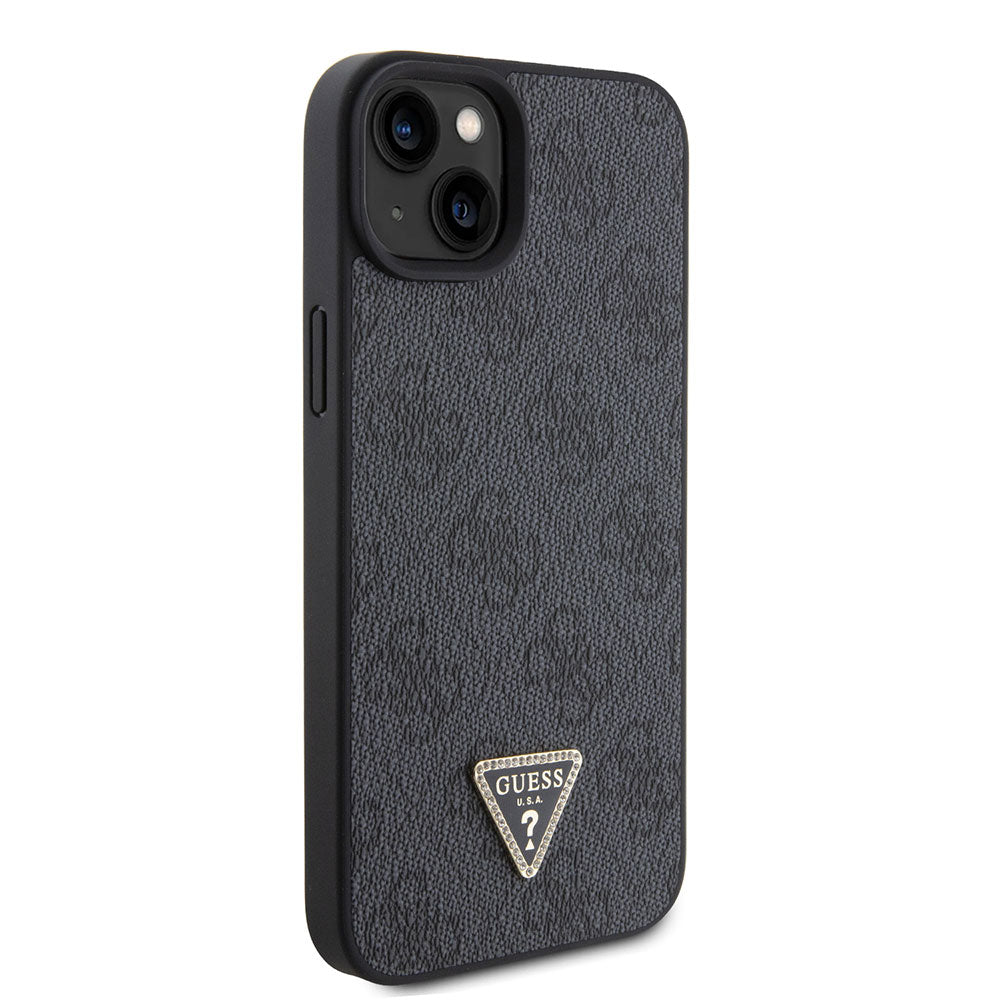 Apple iPhone 13/15 Kılıf Guess PU Deri Taşlı Üçgen Logolu 4G Desenli Strass Kapak Siyah