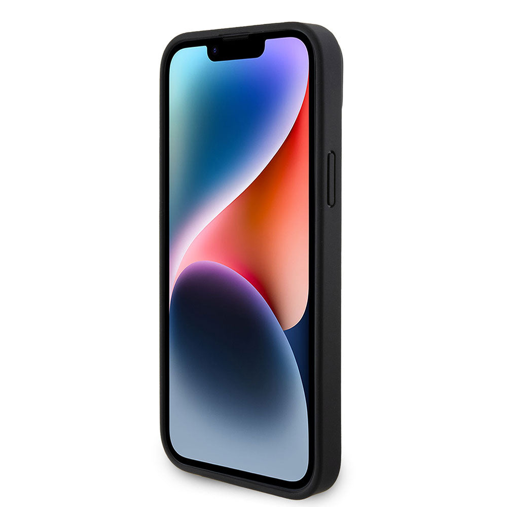 Apple iPhone 13/15 Kılıf Guess PU Deri Taşlı Üçgen Logolu 4G Desenli Strass Kapak Siyah