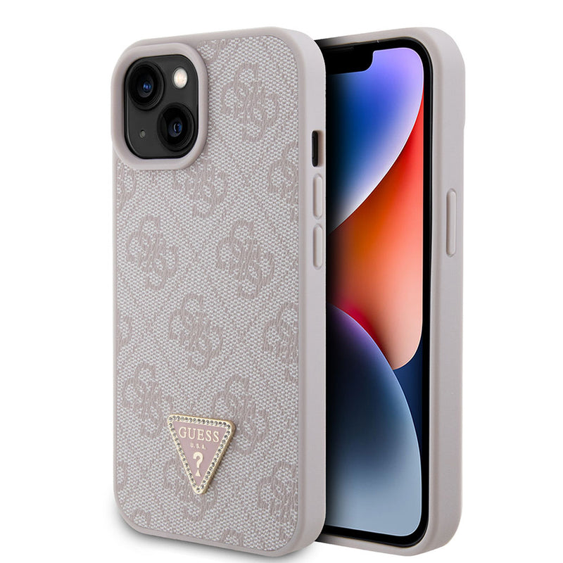 Apple iPhone 15 Kılıf Guess PU Deri Taşlı Üçgen Logolu 4G Desenli Strass Kapak Pembe