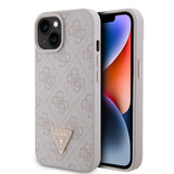 Apple iPhone 15 Kılıf Guess PU Deri Taşlı Üçgen Logolu 4G Desenli Strass Kapak Pembe