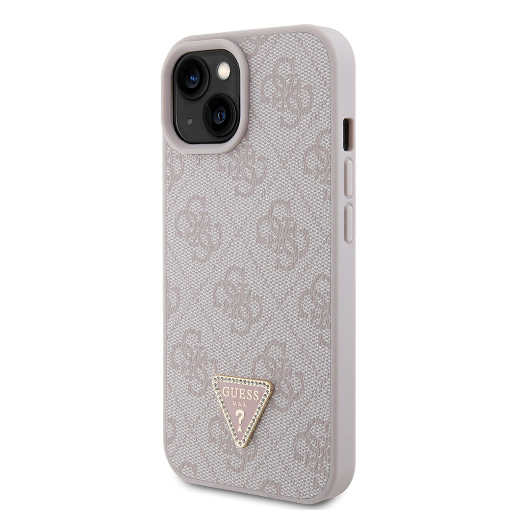 Apple iPhone 13/15 Kılıf Guess PU Deri Taşlı Üçgen Logolu 4G Desenli Strass Kapak Pembe