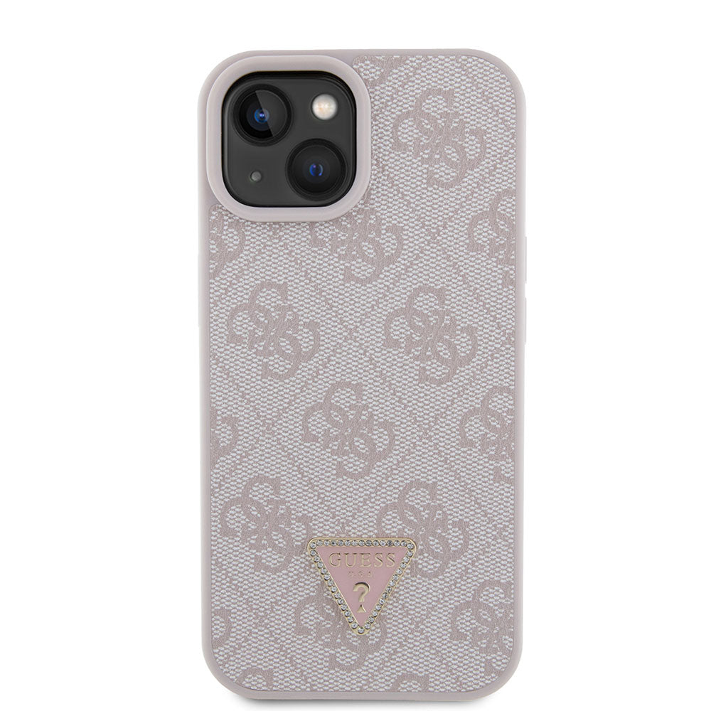 Apple iPhone 13/15 Kılıf Guess PU Deri Taşlı Üçgen Logolu 4G Desenli Strass Kapak Pembe