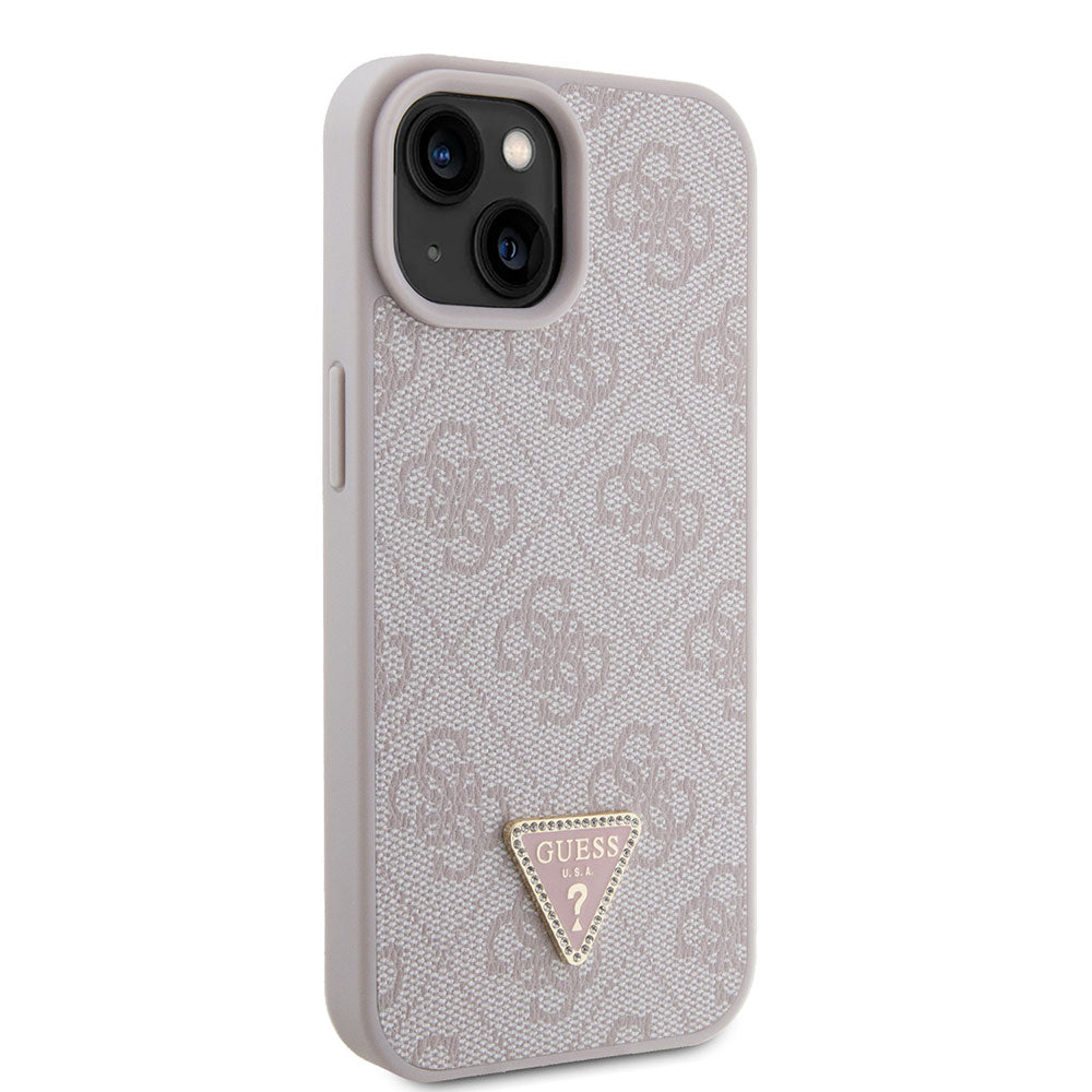 Apple iPhone 13/15 Kılıf Guess PU Deri Taşlı Üçgen Logolu 4G Desenli Strass Kapak Pembe