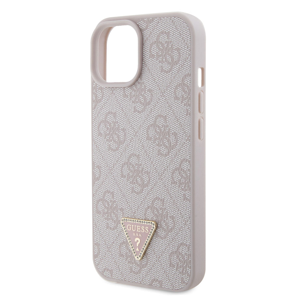 Apple iPhone 13/15 Kılıf Guess PU Deri Taşlı Üçgen Logolu 4G Desenli Strass Kapak Pembe
