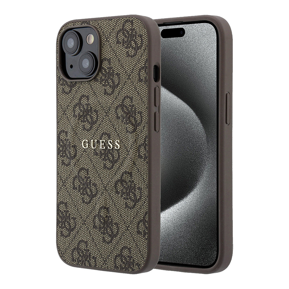 Apple iPhone 15 Kılıf Guess M-safe Kabartmalı 4G Desenli Yazı Logolu Kapak Kahverengi