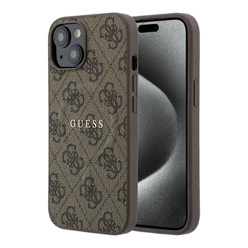 Apple iPhone 15 Kılıf Guess M-safe Kabartmalı 4G Desenli Yazı Logolu Kapak Kahverengi