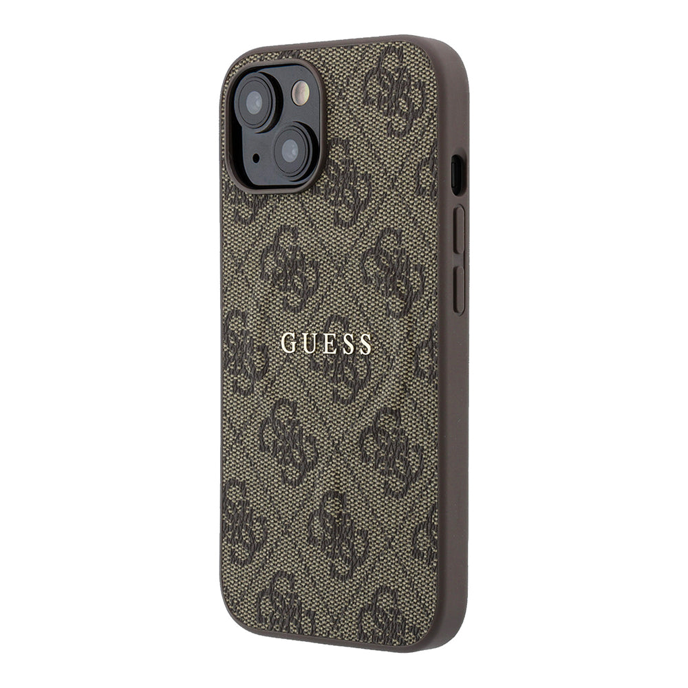 Apple iPhone 15 Kılıf Guess M-safe Kabartmalı 4G Desenli Yazı Logolu Kapak Kahverengi