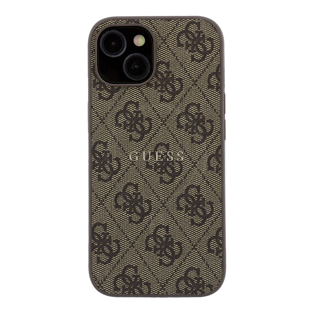 Apple iPhone 15 Kılıf Guess M-safe Kabartmalı 4G Desenli Yazı Logolu Kapak Kahverengi