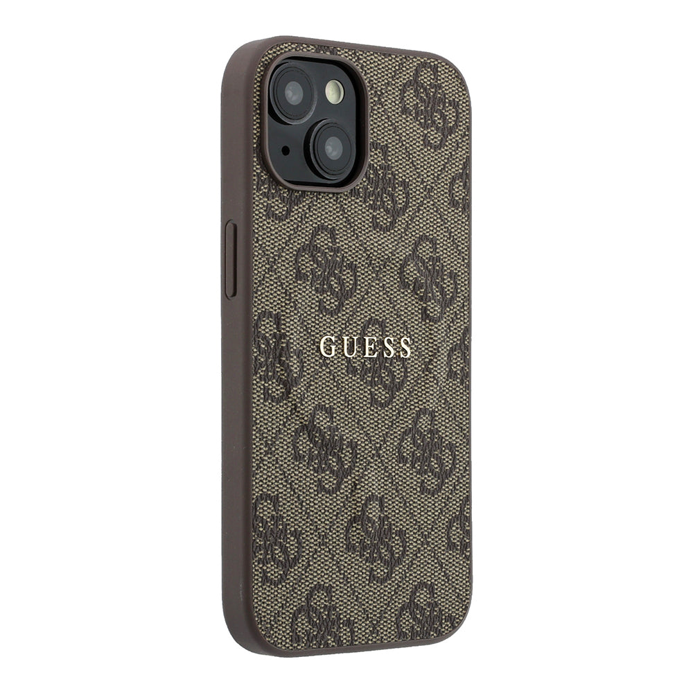 Apple iPhone 15 Kılıf Guess M-safe Kabartmalı 4G Desenli Yazı Logolu Kapak Kahverengi