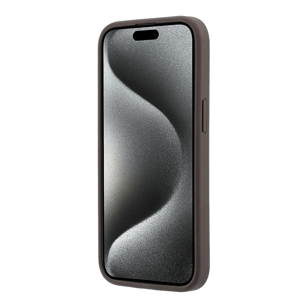 Apple iPhone 15 Kılıf Guess M-safe Kabartmalı 4G Desenli Yazı Logolu Kapak Kahverengi