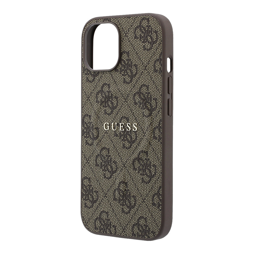 Apple iPhone 15 Kılıf Guess M-safe Kabartmalı 4G Desenli Yazı Logolu Kapak Kahverengi