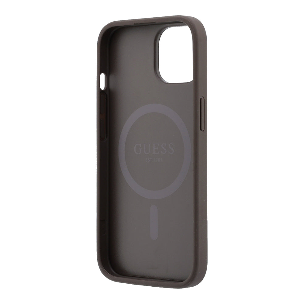 Apple iPhone 15 Kılıf Guess M-safe Kabartmalı 4G Desenli Yazı Logolu Kapak Kahverengi