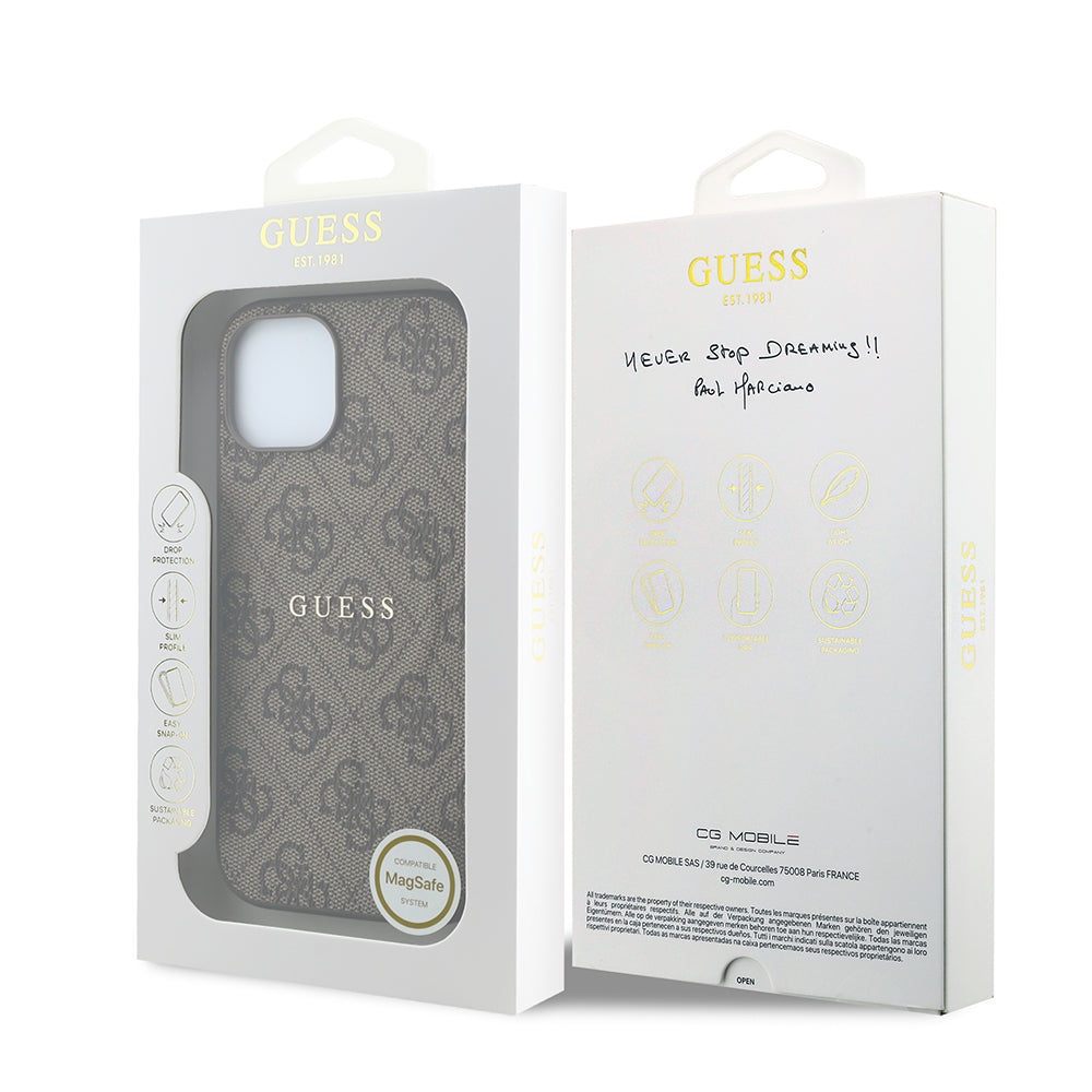 Apple iPhone 15 Kılıf Guess M-safe Kabartmalı 4G Desenli Yazı Logolu Kapak Kahverengi
