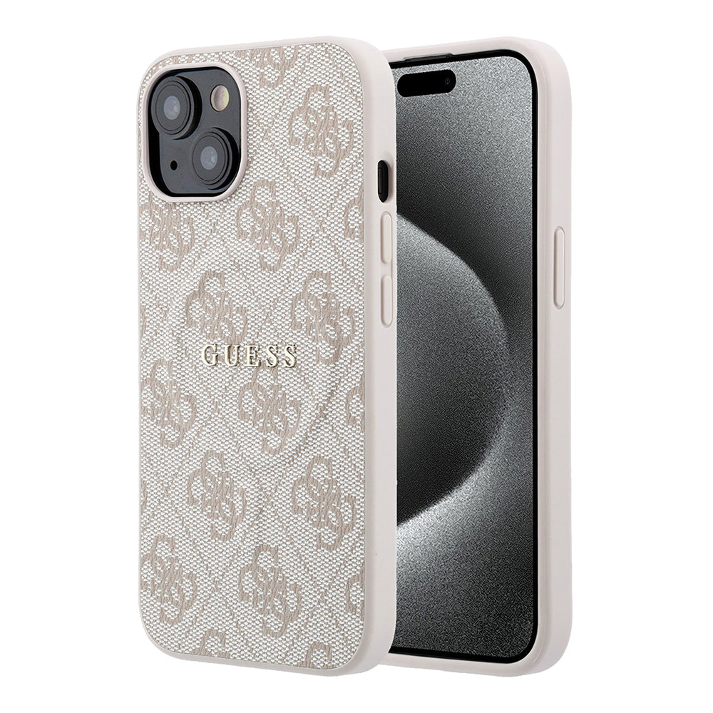 Apple iPhone 15 Kılıf Guess M-safe Kabartmalı 4G Desenli Yazı Logolu Kapak Pembe
