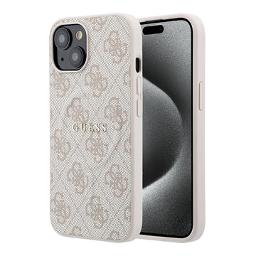 Apple iPhone 15 Kılıf Guess M-safe Kabartmalı 4G Desenli Yazı Logolu Kapak Pembe
