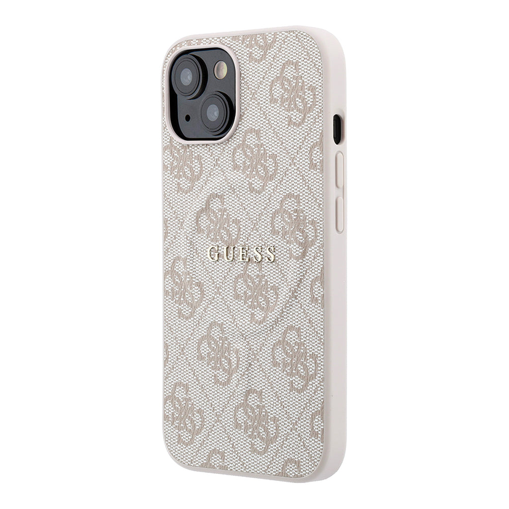 Apple iPhone 15 Kılıf Guess M-safe Kabartmalı 4G Desenli Yazı Logolu Kapak Pembe