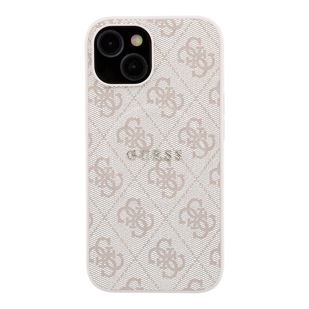 Apple iPhone 15 Kılıf Guess M-safe Kabartmalı 4G Desenli Yazı Logolu Kapak Pembe